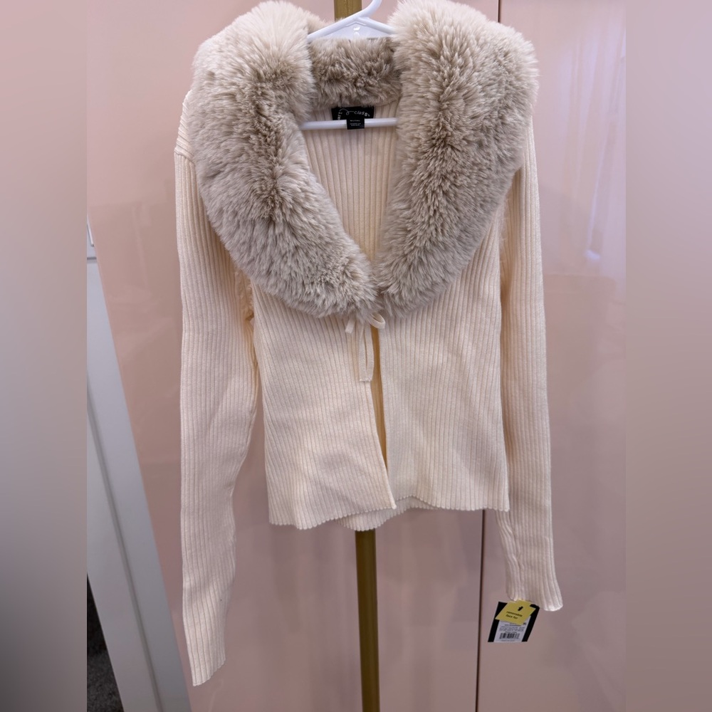 Girls Art Class Cream Ribbed Cardigan with Plush-Fur Collar size M(7/8) | NWT